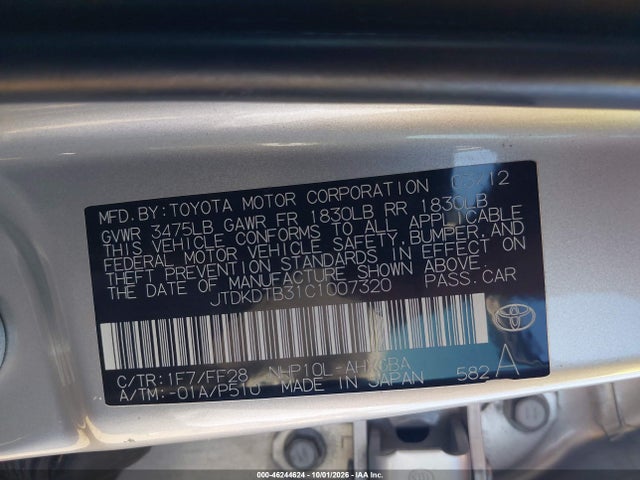46244624 :رقم المزاد ، JTDKDTB31C1007320 vin ، 2012 Toyota Prius C Three مزاد بيع