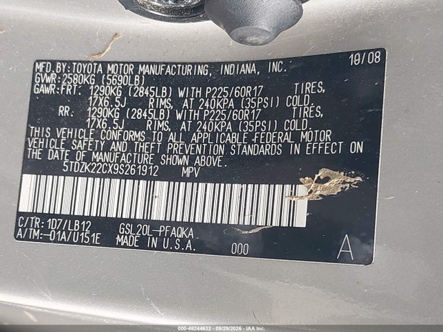 Aukcja sprzedaży 2009 Toyota Sienna Xle, vin: 5TDZK22CX9S261912, numer aukcji: 46244632