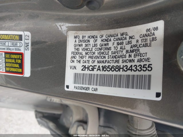 2008 Honda Civic Lx მანქანა იყიდება აუქციონზე, vin: 2HGFA16568H343355, აუქციონის ნომერი: 46244640