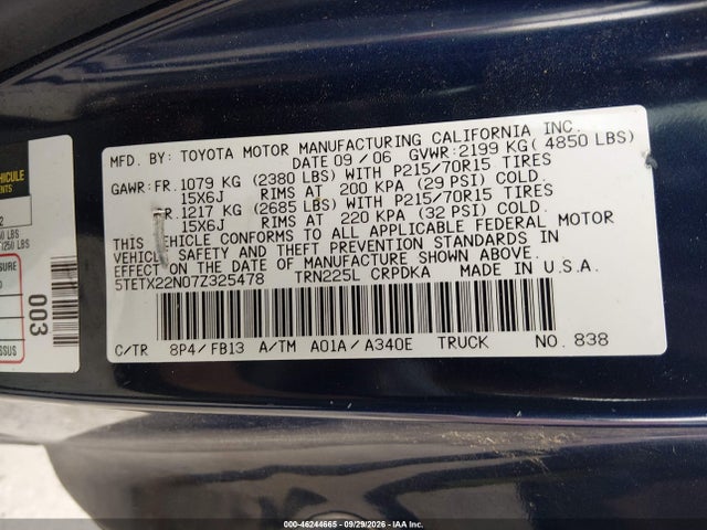 2007 Toyota Tacoma მანქანა იყიდება აუქციონზე, vin: 5TETX22N07Z325478, აუქციონის ნომერი: 46244665