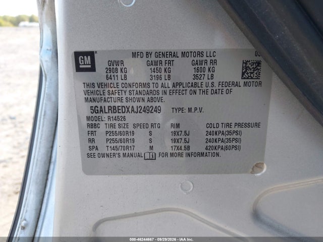 Продаж на аукціоні авто 2010 Buick Enclave 1xl, vin: 5GALRBEDXAJ249249, номер лоту: 46244667