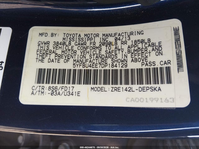 Aukcja sprzedaży 2013 Toyota Corolla S, vin: 5YFBU4EE7DP184129, numer aukcji: 46244678