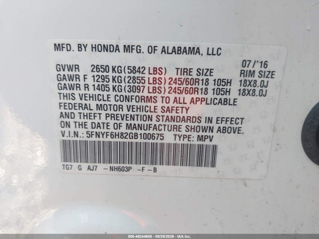 2016 Honda Pilot Ex-l მანქანა იყიდება აუქციონზე, vin: 5FNYF6H82GB100675, აუქციონის ნომერი: 46244680