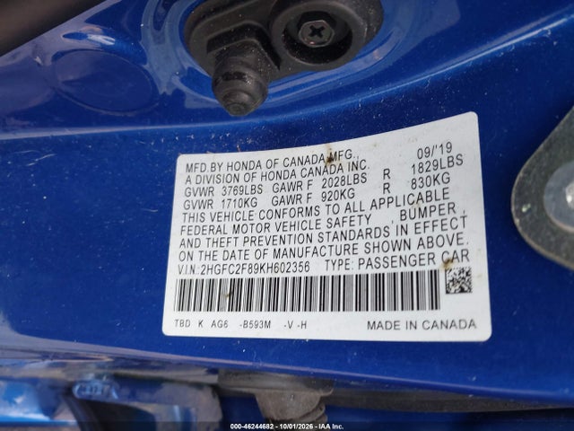 Продаж на аукціоні авто 2019 Honda Civic Sport, vin: 2HGFC2F89KH602356, номер лоту: 46244682