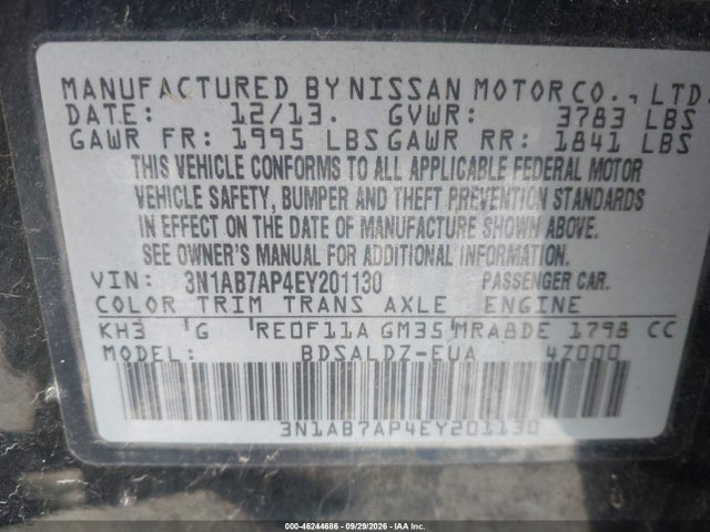 Aukcja sprzedaży 2014 Nissan Sentra Fe+ S/fe+ Sv/s/sl/sr/sv, vin: 3N1AB7AP4EY201130, numer aukcji: 46244686