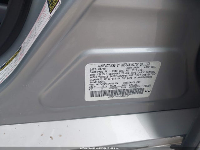 46244698 :رقم المزاد ، JN1EV7AP5KM519524 vin ، 2019 Infiniti Q50 3.0t Luxe مزاد بيع