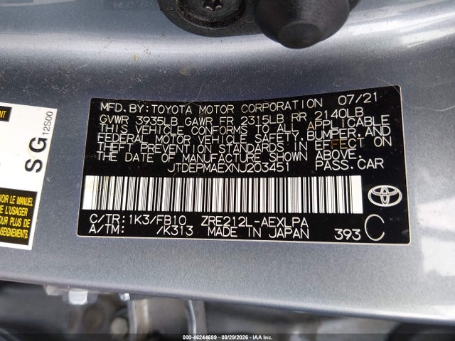 46244699 :رقم المزاد ، JTDEPMAEXNJ203451 vin ، 2022 Toyota Corolla Le مزاد بيع