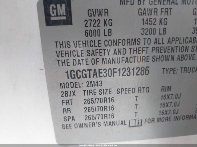 Aukcja sprzedaży 2015 Chevrolet Colorado Wt, vin: 1GCGTAE30F1231286, numer aukcji: 46244701