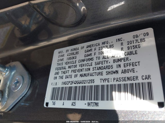 2010 Honda Accord 2.4 Lx-p მანქანა იყიდება აუქციონზე, vin: 1HGCP2F4XAA021255, აუქციონის ნომერი: 46244704
