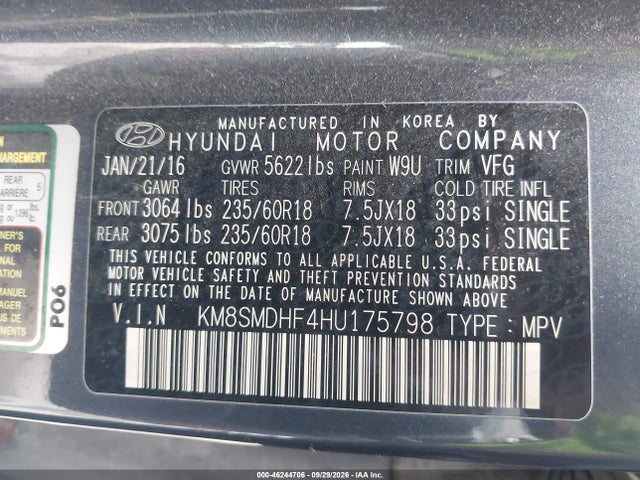 46244706 :رقم المزاد ، KM8SMDHF4HU175798 vin ، 2017 Hyundai Santa Fe Se مزاد بيع