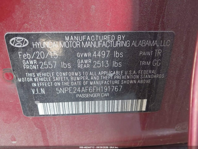 46244712 :رقم المزاد ، 5NPE24AF6FH191767 vin ، 2015 Hyundai Sonata Se مزاد بيع