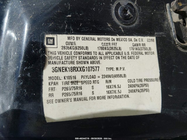 46244719 :رقم المزاد ، 3GNEK18RXXG107577 vin ، 1999 Chevrolet Tahoe مزاد بيع
