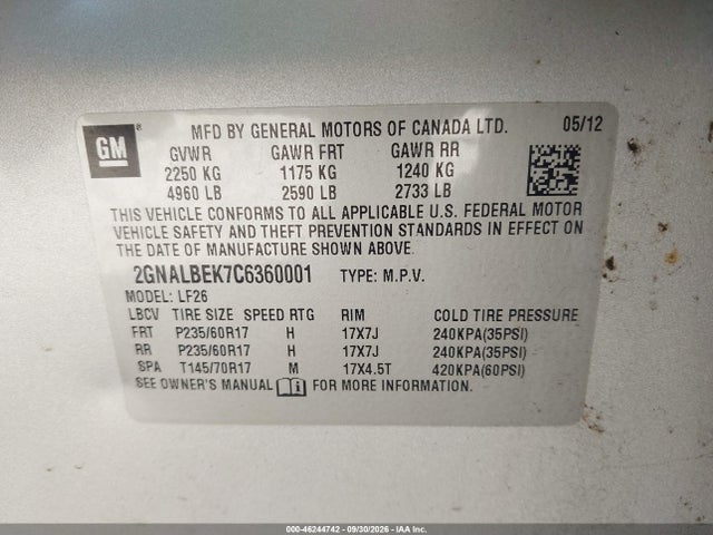 46244742 :رقم المزاد ، 2GNALBEK7C6360001 vin ، 2012 Chevrolet Equinox Ls مزاد بيع
