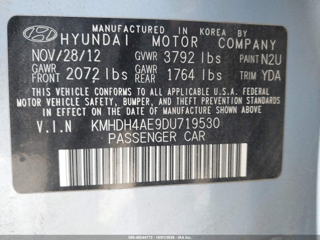 46244772 :رقم المزاد ، KMHDH4AE9DU719530 vin ، 2013 Hyundai Elantra Gls مزاد بيع