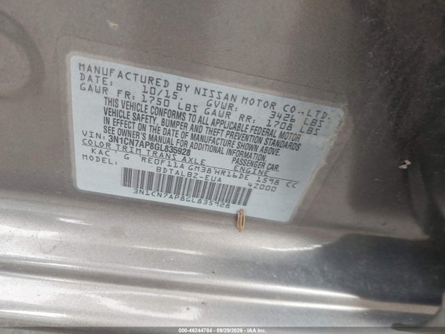 46244784 :رقم المزاد ، 3N1CN7AP8GL835928 vin ، 2016 Nissan Versa 1.6 Sv مزاد بيع