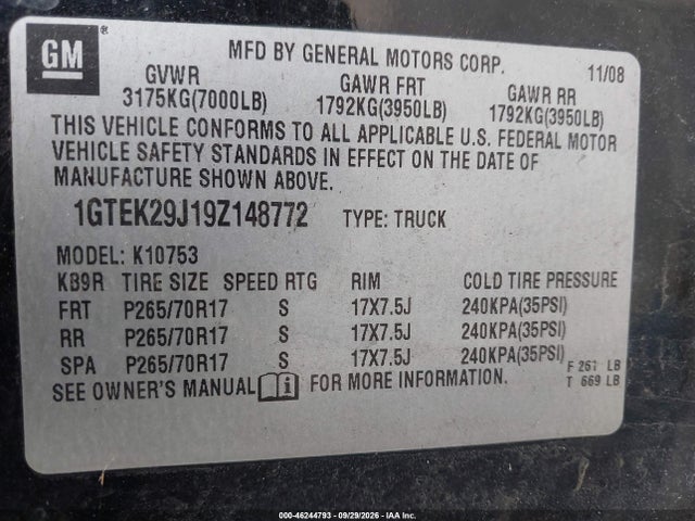 Продажа на аукционе авто 2009 Gmc Sierra 1500 Sle, vin: 1GTEK29J19Z148772, номер лота: 46244793