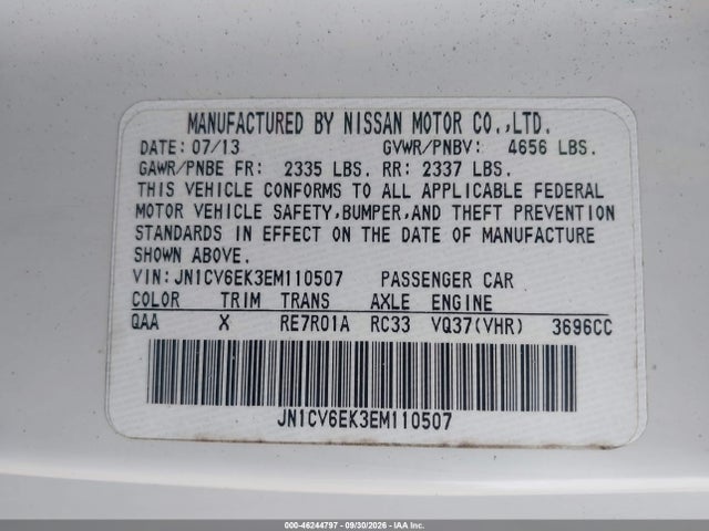 2014 Infiniti Q60 Journey მანქანა იყიდება აუქციონზე, vin: JN1CV6EK3EM110507, აუქციონის ნომერი: 46244797
