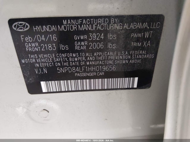 Продажа на аукционе авто 2017 Hyundai Elantra Se, vin: 5NPD84LF1HH019656, номер лота: 46244814