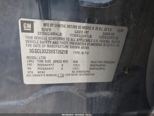 46244818 :رقم المزاد ، 3GSCL93Z88S726216 vin ، 2008 Saturn Vue Hybrid مزاد بيع