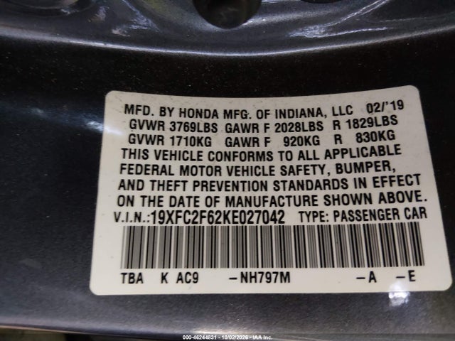 Aukcja sprzedaży 2019 Honda Civic Lx, vin: 19XFC2F62KE027042, numer aukcji: 46244831