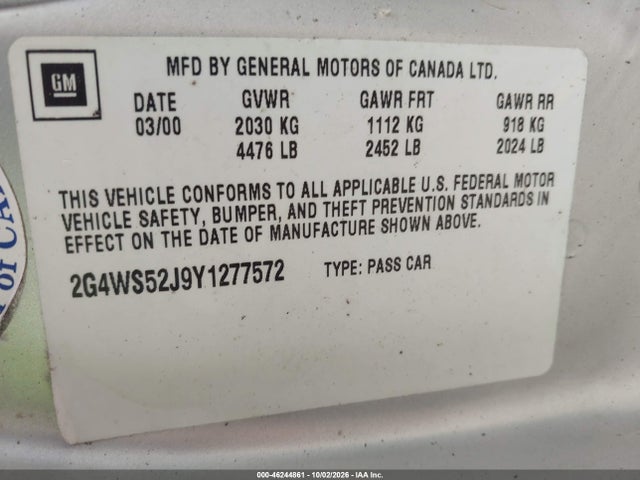 46244861 :رقم المزاد ، 2G4WS52J9Y1277572 vin ، 2000 Buick Century Custom مزاد بيع