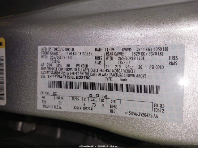 Aukcja sprzedaży 2019 Ford Ranger Lariat, vin: 1FTER4FH5KLB23780, numer aukcji: 46244881