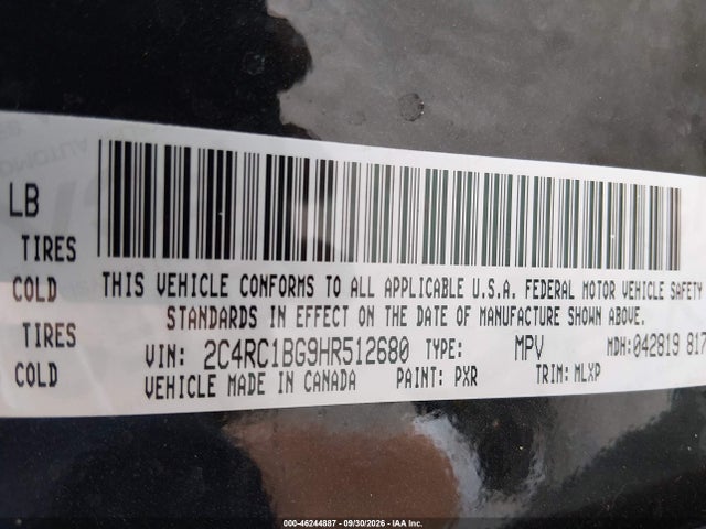 46244887 :رقم المزاد ، 2C4RC1BG9HR512680 vin ، 2017 Chrysler Pacifica Touring-l مزاد بيع