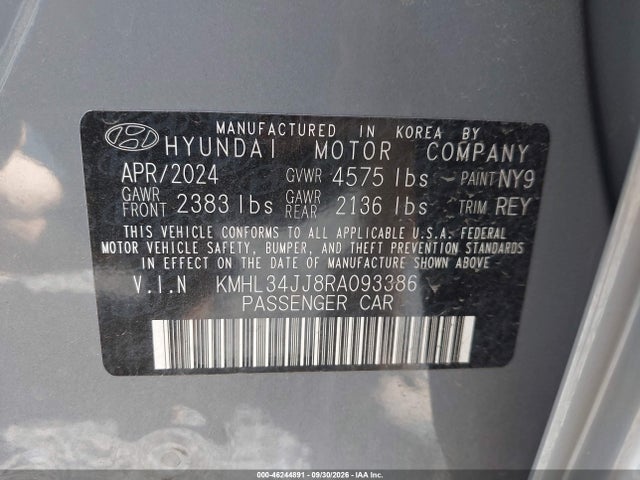 Продажа на аукционе авто 2024 Hyundai Sonata Hybrid Sel, vin: KMHL34JJ8RA093386, номер лота: 46244891