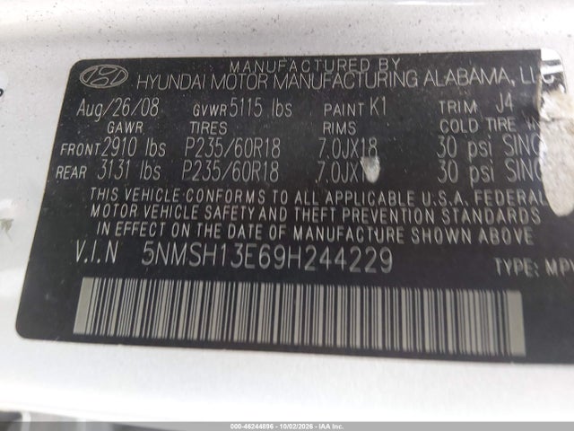 Продаж на аукціоні авто 2009 Hyundai Santa Fe Se, vin: 5NMSH13E69H244229, номер лоту: 46244896