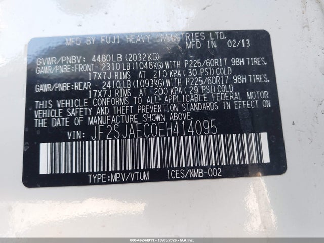 2014 Subaru Forester 2.5i Premium მანქანა იყიდება აუქციონზე, vin: JF2SJAEC0EH414095, აუქციონის ნომერი: 46244911
