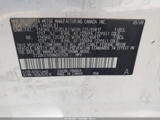 46244922 :رقم المزاد ، 2T3ZK31V99W002528 vin ، 2009 Toyota Rav4 Limited V6 مزاد بيع