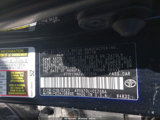 46244924 :رقم المزاد ، 4T1B11HK7JU672046 vin ، 2018 Toyota Camry Se مزاد بيع