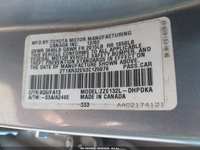 2003 Toyota Matrix Standard მანქანა იყიდება აუქციონზე, vin: 2T1KR32E53C125076, აუქციონის ნომერი: 46244925