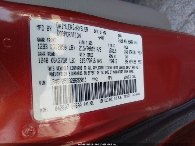 46244929 :رقم المزاد ، 1B4GP25332B692011 vin ، 2002 Dodge Caravan Se مزاد بيع
