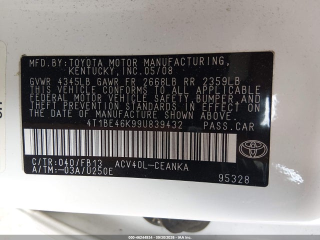 2009 Toyota Camry Le მანქანა იყიდება აუქციონზე, vin: 4T1BE46K99U839432, აუქციონის ნომერი: 46244934