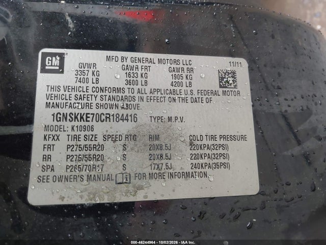 Auction sale of the 2012 Chevrolet Suburban 1500 Ltz, vin: 1GNSKKE70CR184416, lot number: 46244964