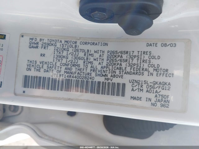 Продажа на аукционе авто 2004 Toyota 4runner Sr5 V8, vin: JTEBT14R440028240, номер лота: 46244977