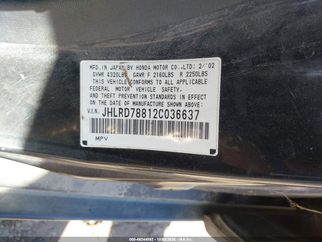 Продаж на аукціоні авто 2002 Honda Cr-v Ex, vin: JHLRD78812C036637, номер лоту: 46244992