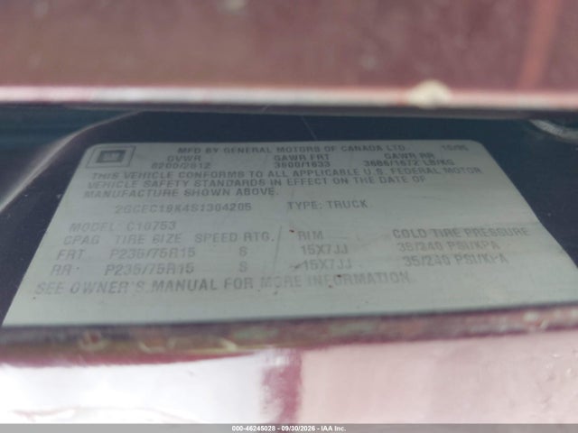 Aukcja sprzedaży 1995 Chevrolet Gmt-400 C1500, vin: 2GCEC19K4S1304205, numer aukcji: 46245028