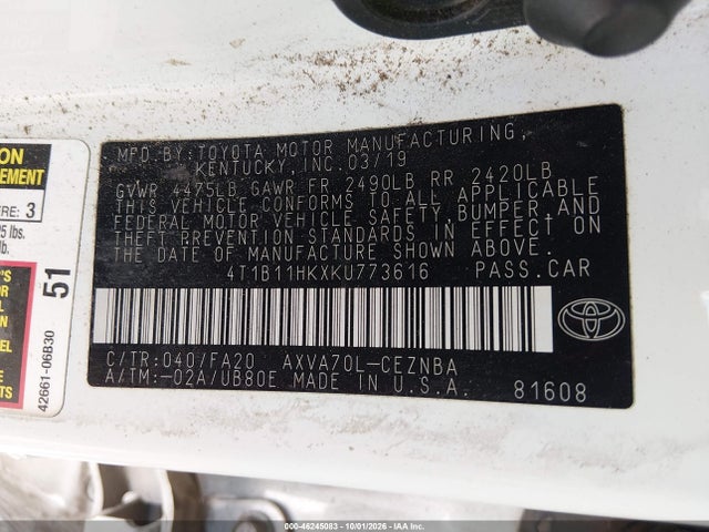 Продажа на аукционе авто 2019 Toyota Camry Le, vin: 4T1B11HKXKU773616, номер лота: 46245083
