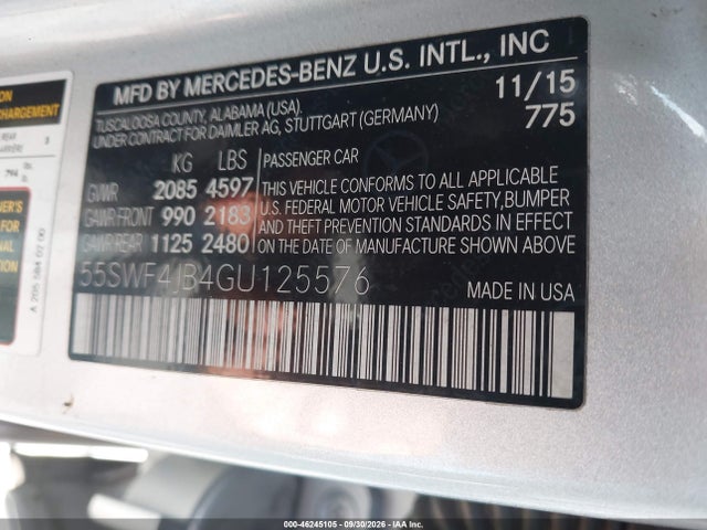 2016 Mercedes-benz C 300 მანქანა იყიდება აუქციონზე, vin: 55SWF4JB4GU125576, აუქციონის ნომერი: 46245105