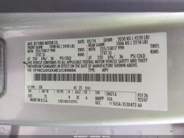 Продаж на аукціоні авто 2014 Ford Escape Se, vin: 1FMCU0GX4EUC89884, номер лоту: 46245107