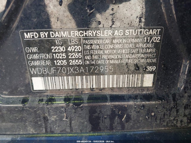 Aukcja sprzedaży 2003 Mercedes-benz E 500, vin: WDBUF70JX3A172955, numer aukcji: 46245134