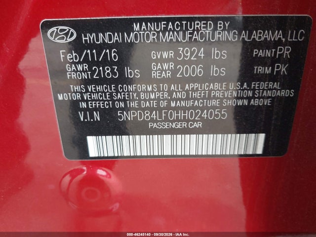 2017 Hyundai Elantra Se მანქანა იყიდება აუქციონზე, vin: 5NPD84LF0HH024055, აუქციონის ნომერი: 46245140