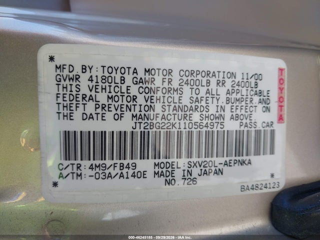 Продаж на аукціоні авто 2001 Toyota Camry Le, vin: JT2BG22K110564975, номер лоту: 46245185