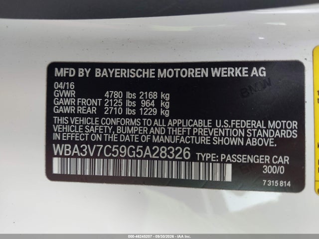 46245207 :رقم المزاد ، WBA3V7C59G5A28326 vin ، 2016 Bmw 428i مزاد بيع