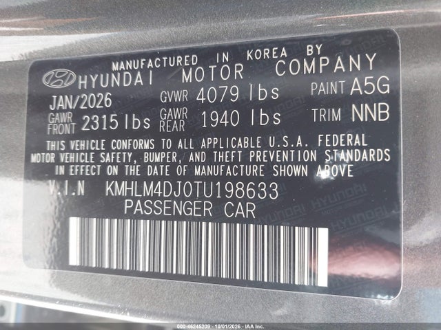 Aukcja sprzedaży 2026 Hyundai Elantra Hybrid Blue, vin: KMHLM4DJ0TU198633, numer aukcji: 46245209