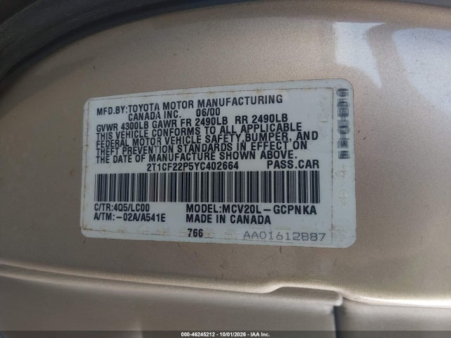 Aukcja sprzedaży 2000 Toyota Camry Solara Sle V6, vin: 2T1CF22P5YC402664, numer aukcji: 46245212