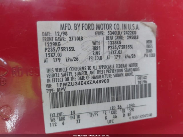 Aukcja sprzedaży 1999 Ford Explorer Eddie Bauer/limited/xlt, vin: 1FMZU34E4XZA48900, numer aukcji: 46245218