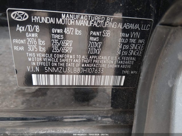 Aukcja sprzedaży 2018 Hyundai Santa Fe Sport 2.4l, vin: 5NMZU3LB8JH107633, numer aukcji: 46245231